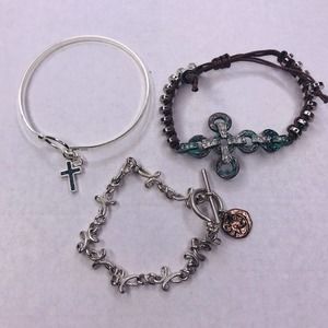 Cross Bracelet Charm Silver Tone Set of 3 Bangle Link Chain Brown Rope Religious